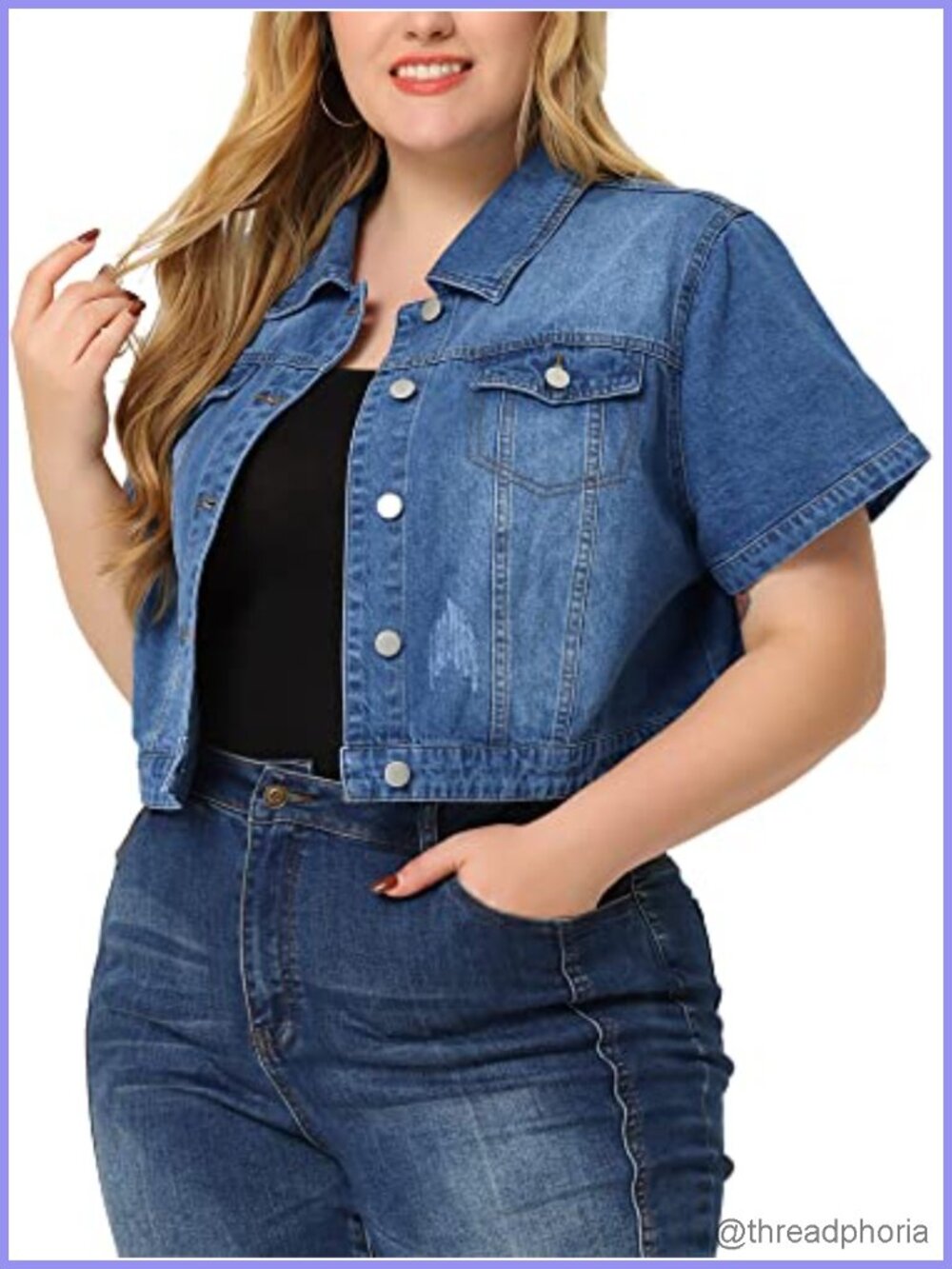 Plus Size Denim Jacket Short Sleeve Button Down Cropped Jean Jacket